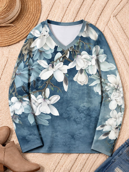 Botanical Blossoms Across The Shoulders - Flora Cotton Long Sleeve Tee