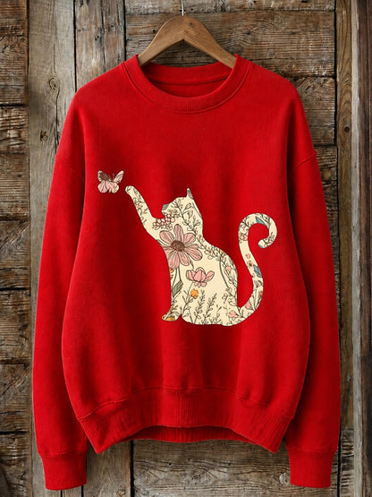 Floral Cat With Butterfly - Nature Story Cotton Blend Sweatshirt
