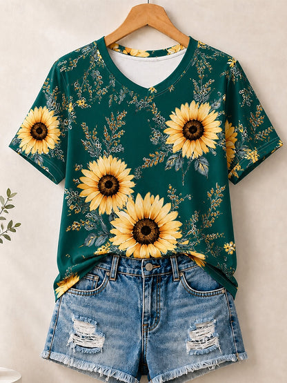 Sunflowers Allover Print women's cotton tee - Blue
