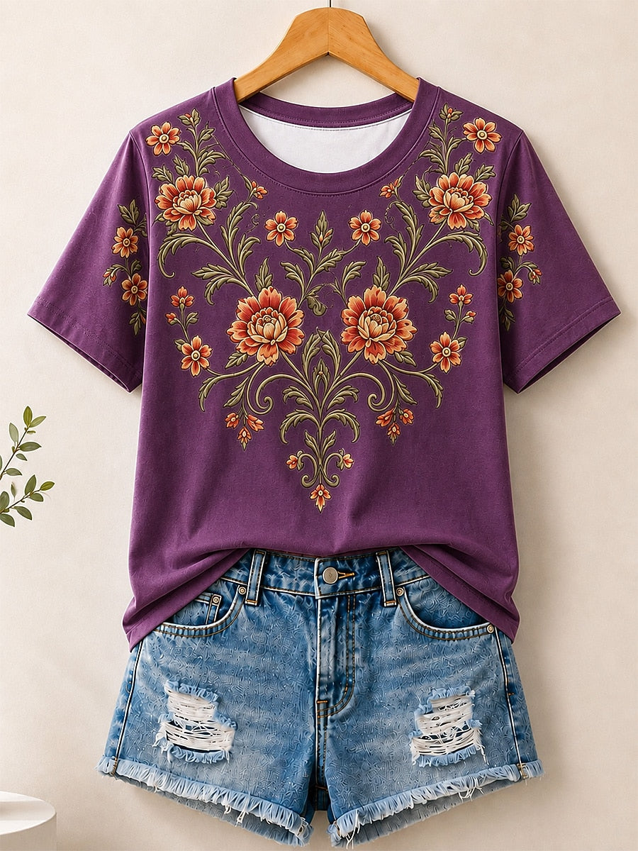 Vintage Floral Medallion women's cotton tee - White