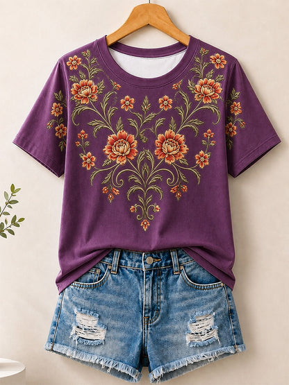 Vintage Floral Medallion women's cotton tee - White