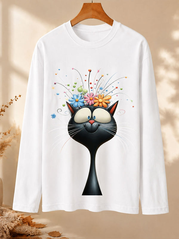 Whimsical Cat With Flowers - Nature Story Cotton Long Sleeve Tee