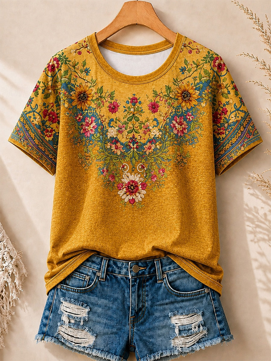 Vintage Wildflower Border women's cotton tee - Blue