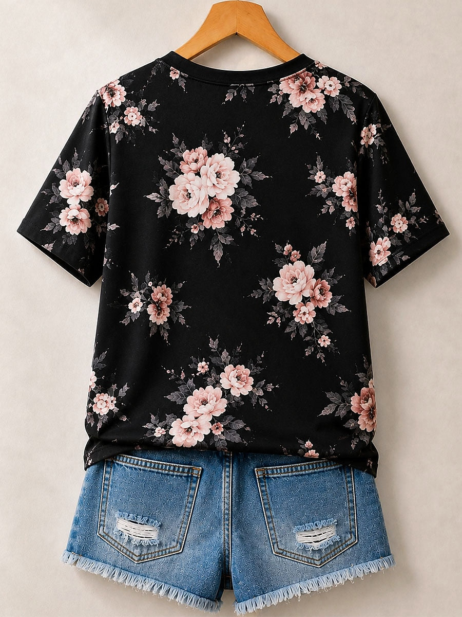 Floral Blossoms Allover Print women's cotton tee - Blue