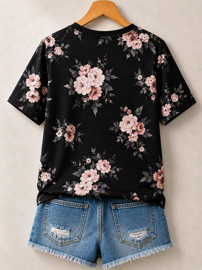 Floral Blossoms Allover Print women's cotton tee - Blue