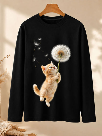 Cat Reaching For A Dandelion - Nature Story Cotton Long Sleeve Tee