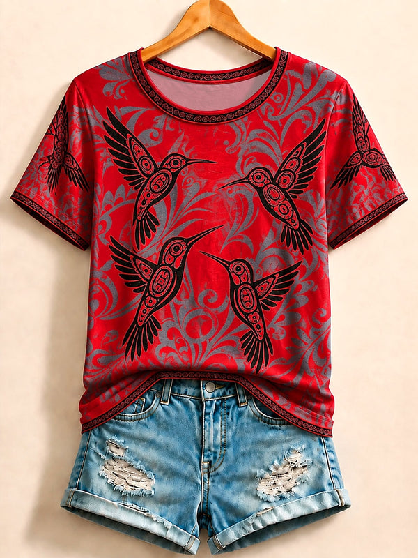 Boho Hummingbirds Among Hibiscus - Nature Story Cotton Tee