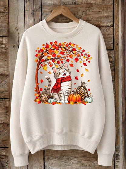 Cat Under Maple Tree With Pumpkins - Nature Story Cotton Blend Sweatshirt