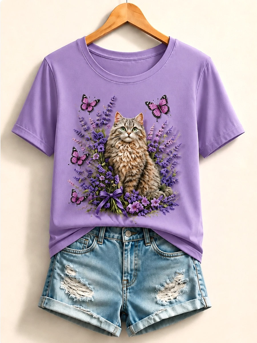 Green Floral Cotton Tee in Light Green