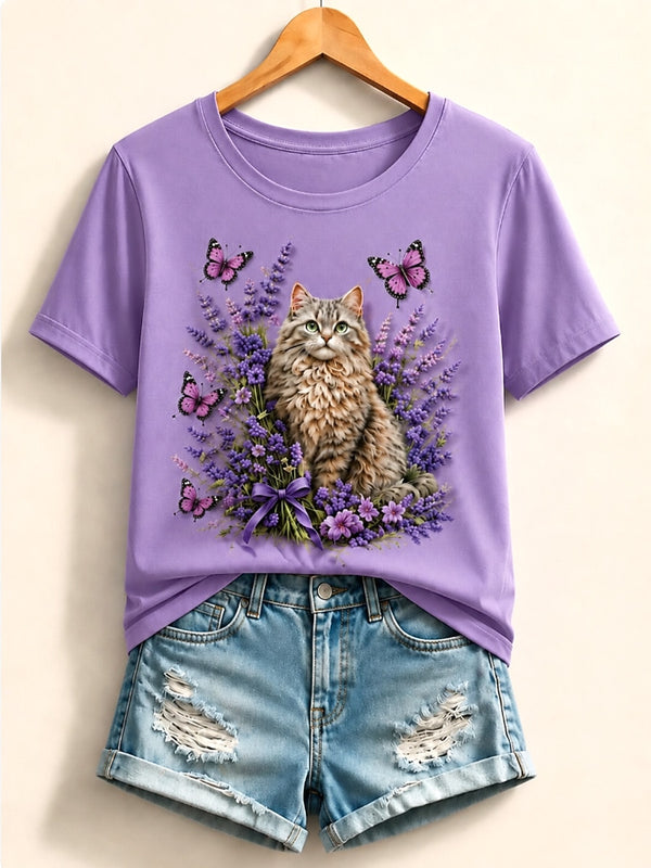 Cat Among Lavender And Butterflies - Nature Story Cotton Tee