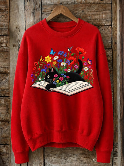 Cat Reading Among Wildflowers - Nature Story Cotton Blend Sweatshirt