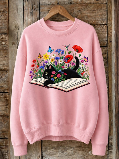 Cat Reading Among Wildflowers - Nature Story Cotton Blend Sweatshirt