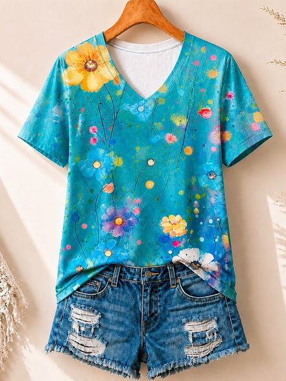 Watercolor Wildflowers Allover Print women's cotton tee - Blue