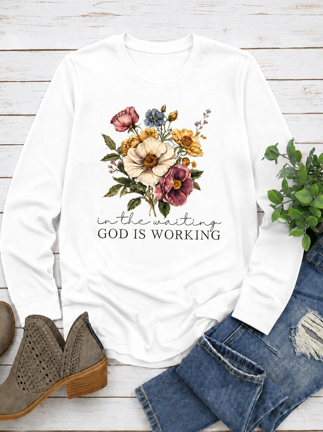 God Is Working In The Waiting With Floral Bouquet women's cotton long sleeve tee - White