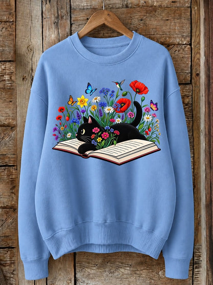 Cat Reading Among Wildflowers - Nature Story Cotton Blend Sweatshirt