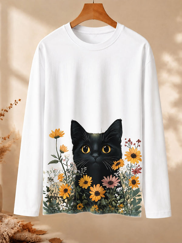 Cat Among Daisies - Nature Story Cotton Long Sleeve Tee