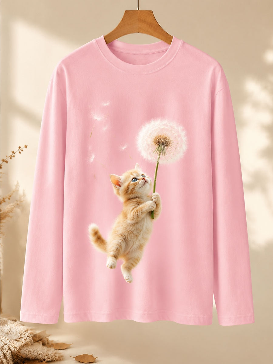 Cat Reaching For A Dandelion - Nature Story Cotton Long Sleeve Tee
