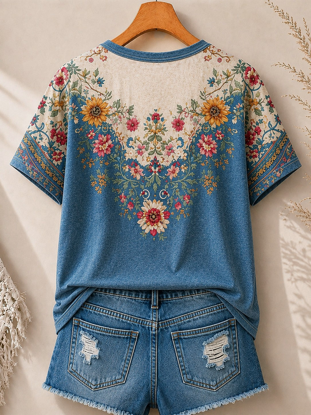 Vintage Wildflower Border women's cotton tee - Blue