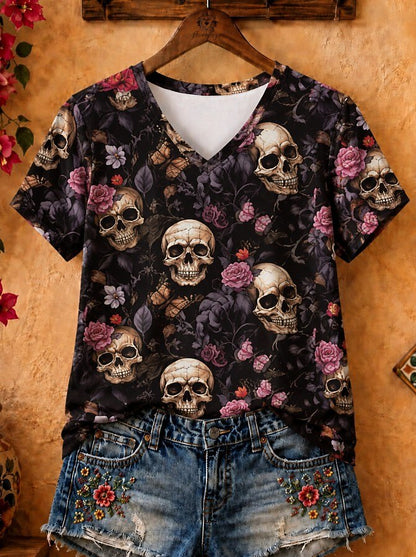 V-Neck Floral Skull - Flora Cotton Tee