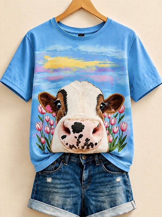 Bauernhof-Kuh zwischen Tulpen – Naturgeschichte Baumwoll-T-Shirt