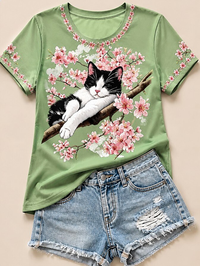 Cat Among Cherry Blossoms - Nature Story Cotton Tee