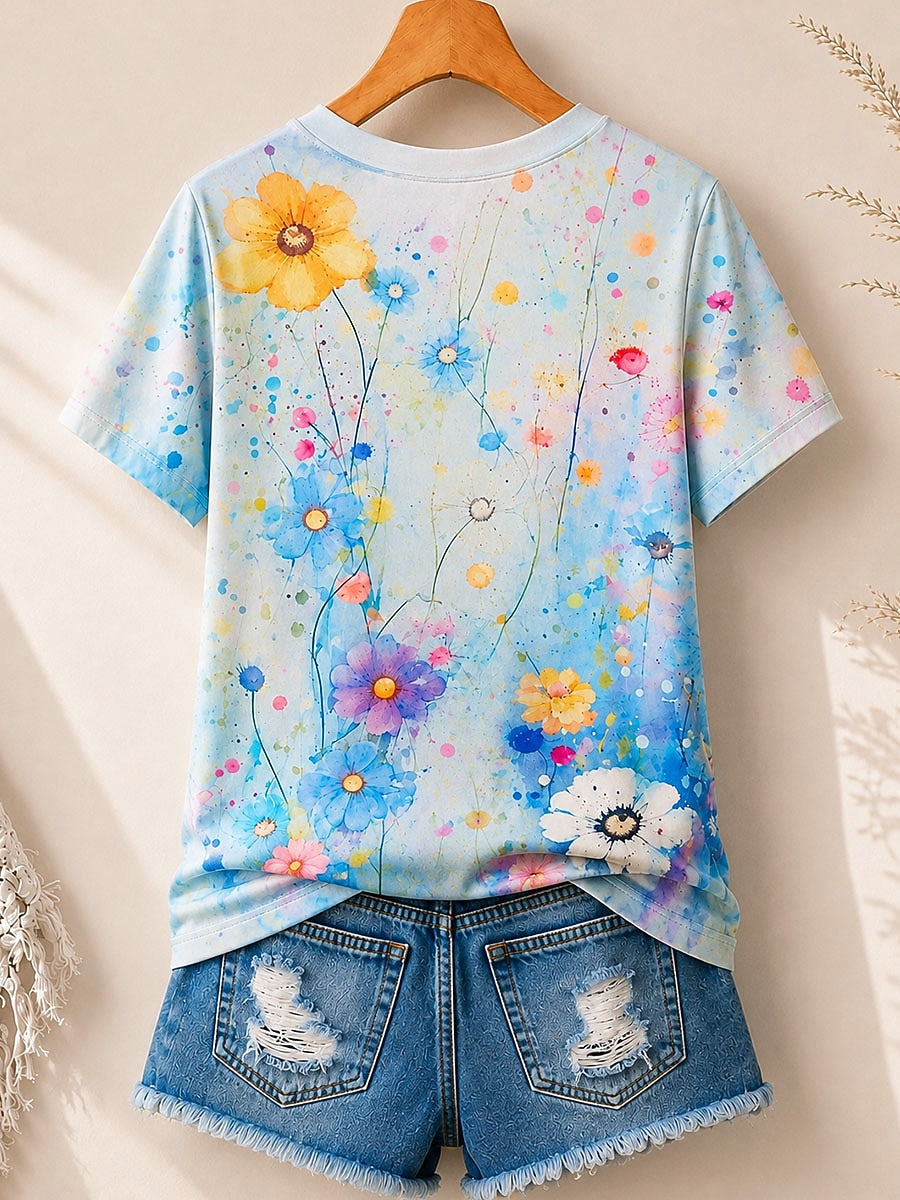 Watercolor Wildflowers Allover Print women's cotton tee - Blue