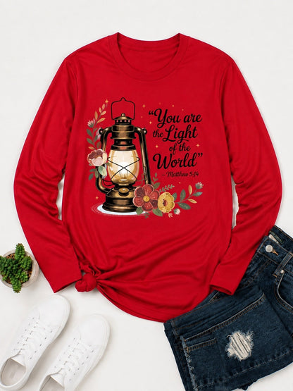 You Are The Light Of The World With Lantern And Flowers women's cotton long sleeve tee - Red