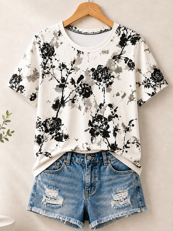 Ink Wash Botanical Blossoms Allover Print - Flora Cotton Tee