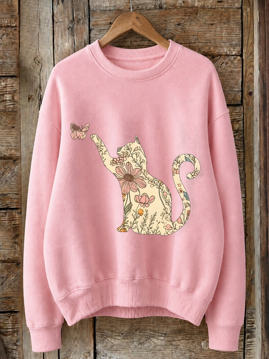 Floral Cat With Butterfly - Nature Story Cotton Blend Sweatshirt