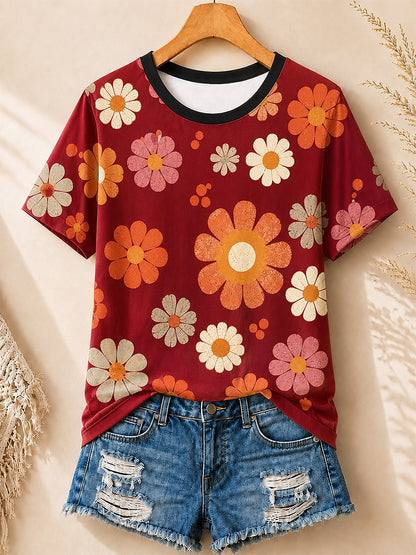 Retro Daisies Allover Print women's cotton tee - Blue