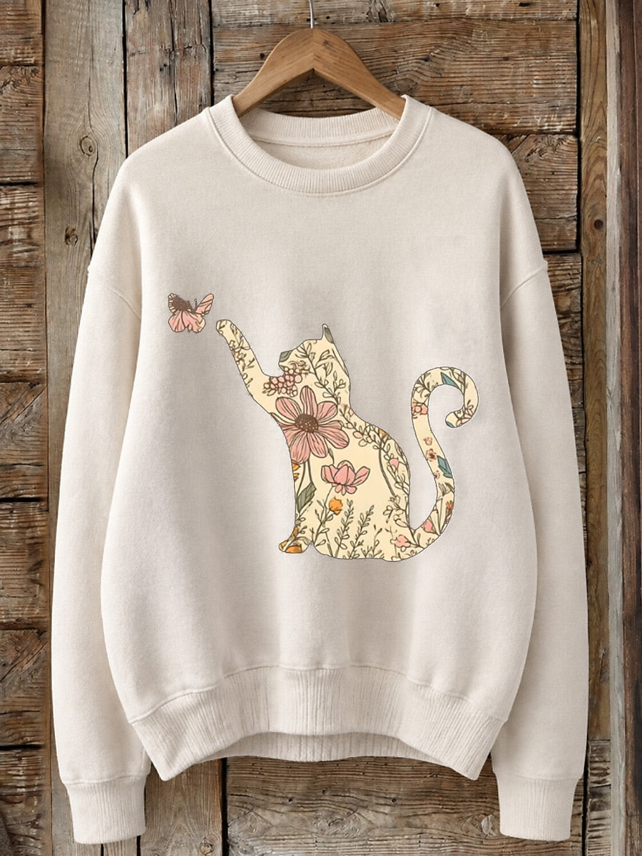 Floral Cat With Butterfly - Nature Story Cotton Blend Sweatshirt