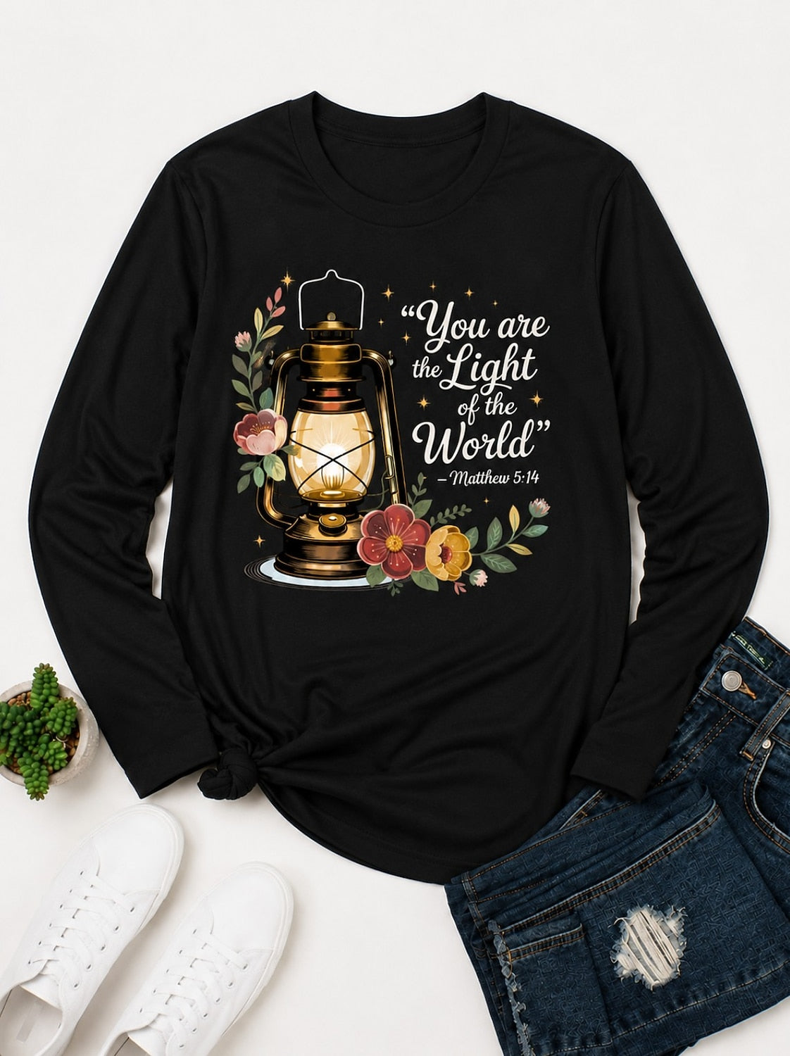 You Are The Light Of The World With Lantern And Flowers - Christian Inspirational Cotton Long Sleeve Tee