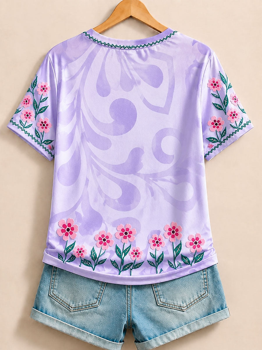 Purple Bird Cotton Tee in Blue