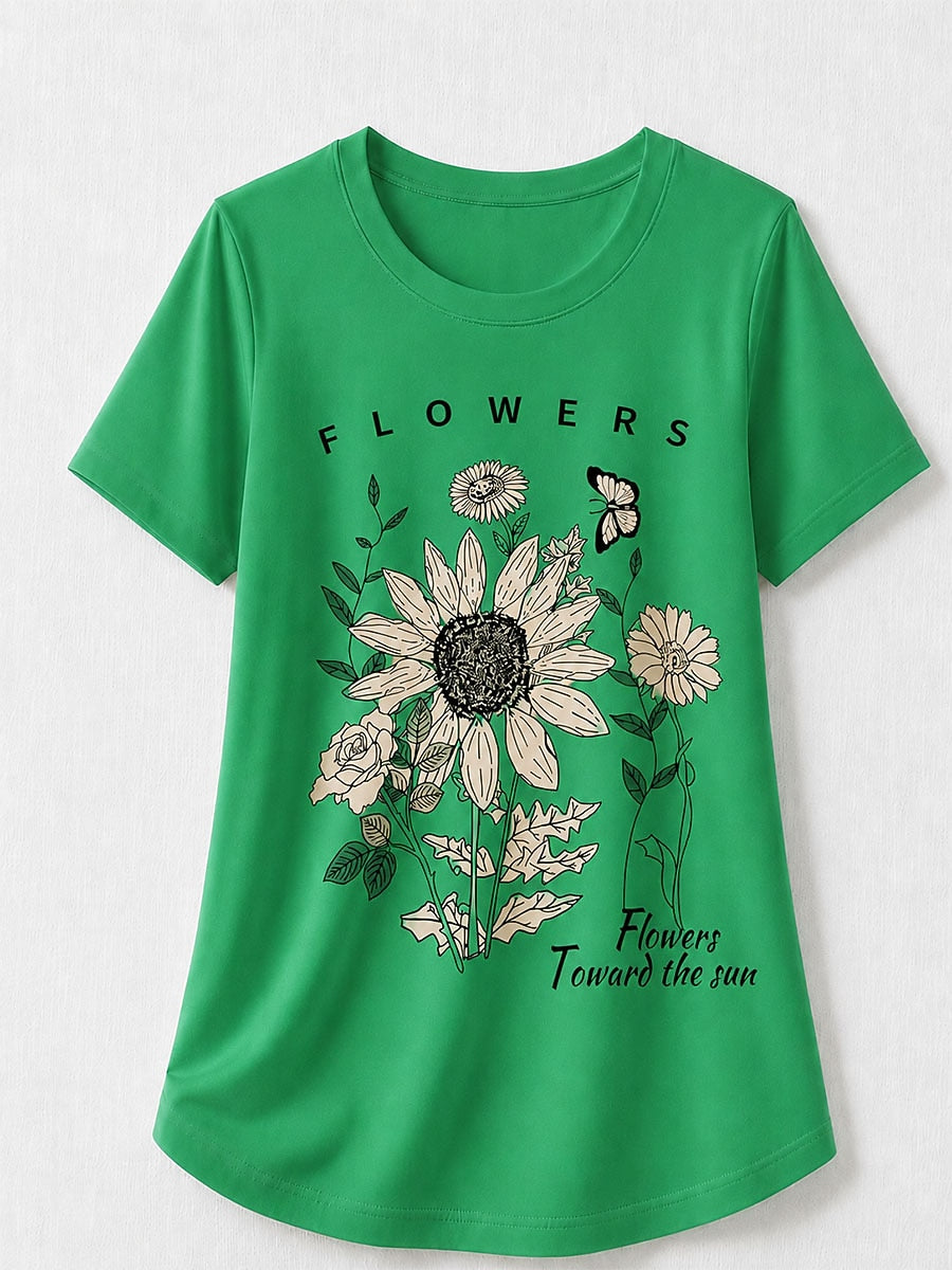 Sky Blue Botanical Tee in Green with beige