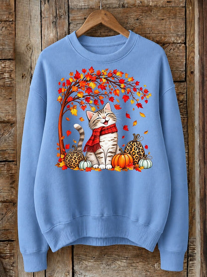 Cat Under Maple Tree With Pumpkins - Nature Story Cotton Blend Sweatshirt
