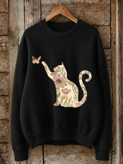 Floral Cat With Butterfly - Nature Story Cotton Blend Sweatshirt