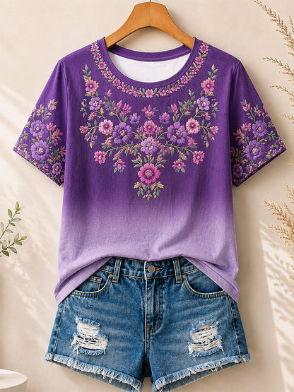 Floral Embroidery Print women's cotton tee - Blue