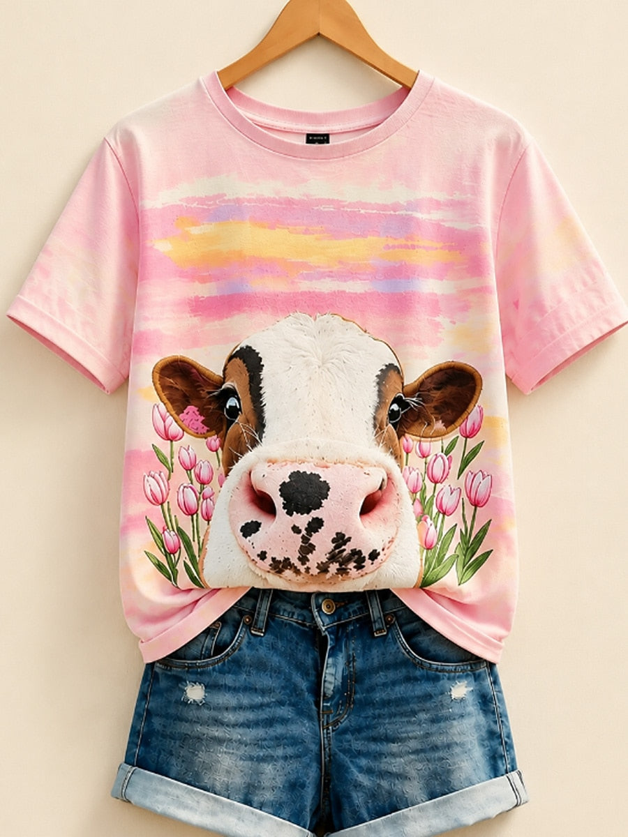Pink Animal Cotton Tee in Pink