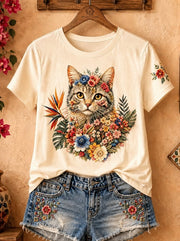 Cat Among Daisies And Bird Of Paradise - Nature Story Cotton Tee
