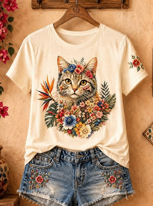 Beige Animal Cotton Tee in Light Beige