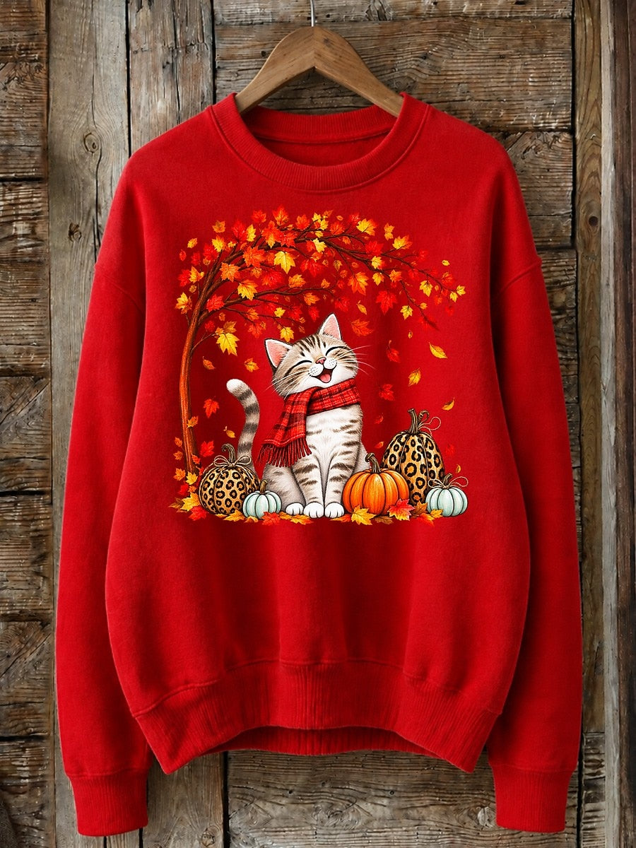 Cat Under Maple Tree With Pumpkins - Nature Story Cotton Blend Sweatshirt