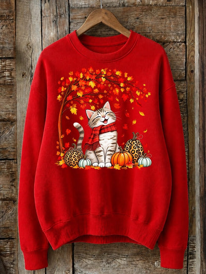 Cat Under Maple Tree With Pumpkins - Nature Story Cotton Blend Sweatshirt