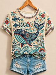 Folk Art Peacock Among Flowers - Nature Story Cotton Tee