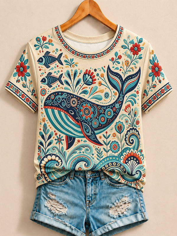 Folk Art Peacock Among Flowers - Nature Story Cotton Tee